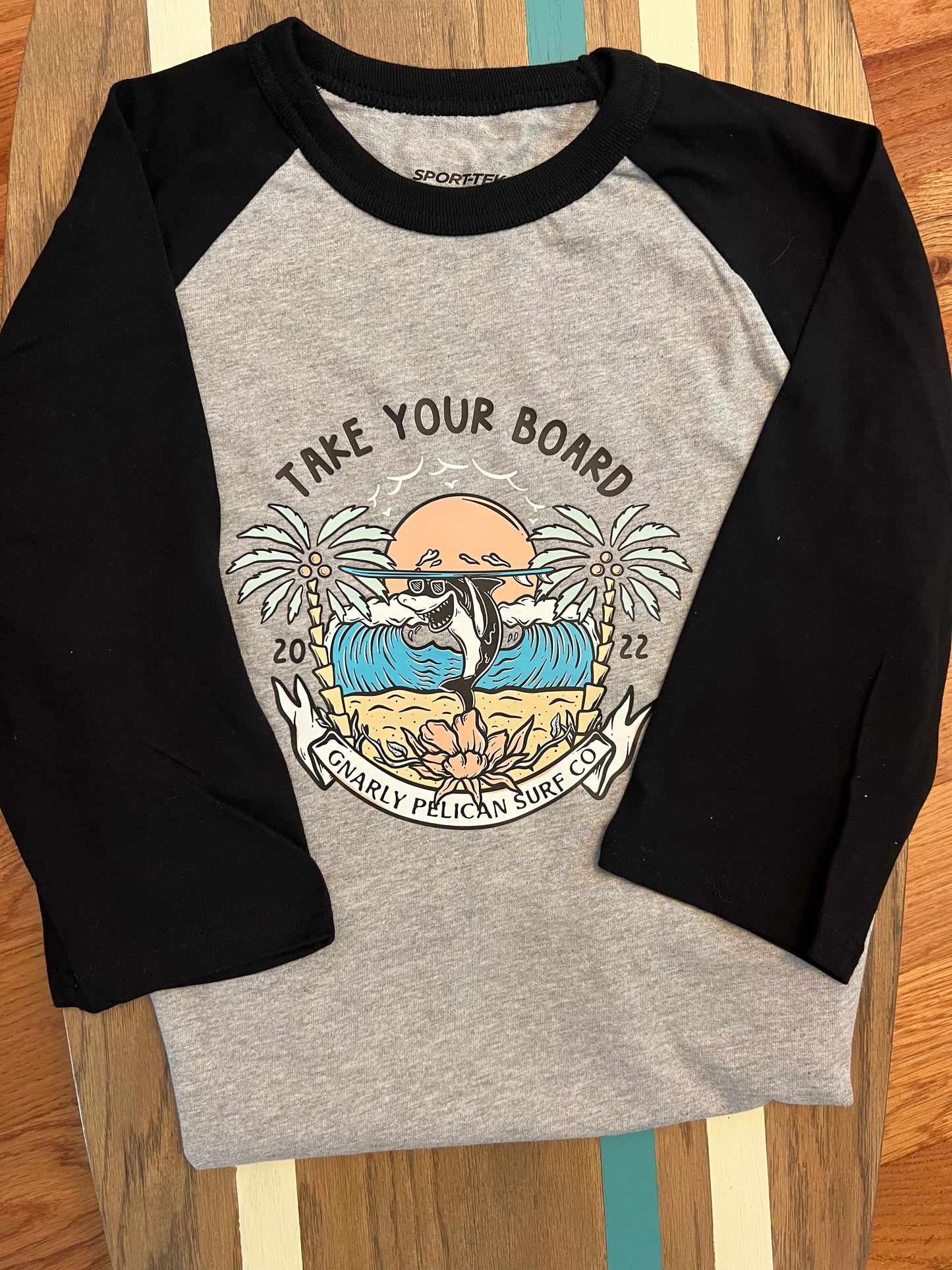 “Take your board” shark Youth Baseball Tee