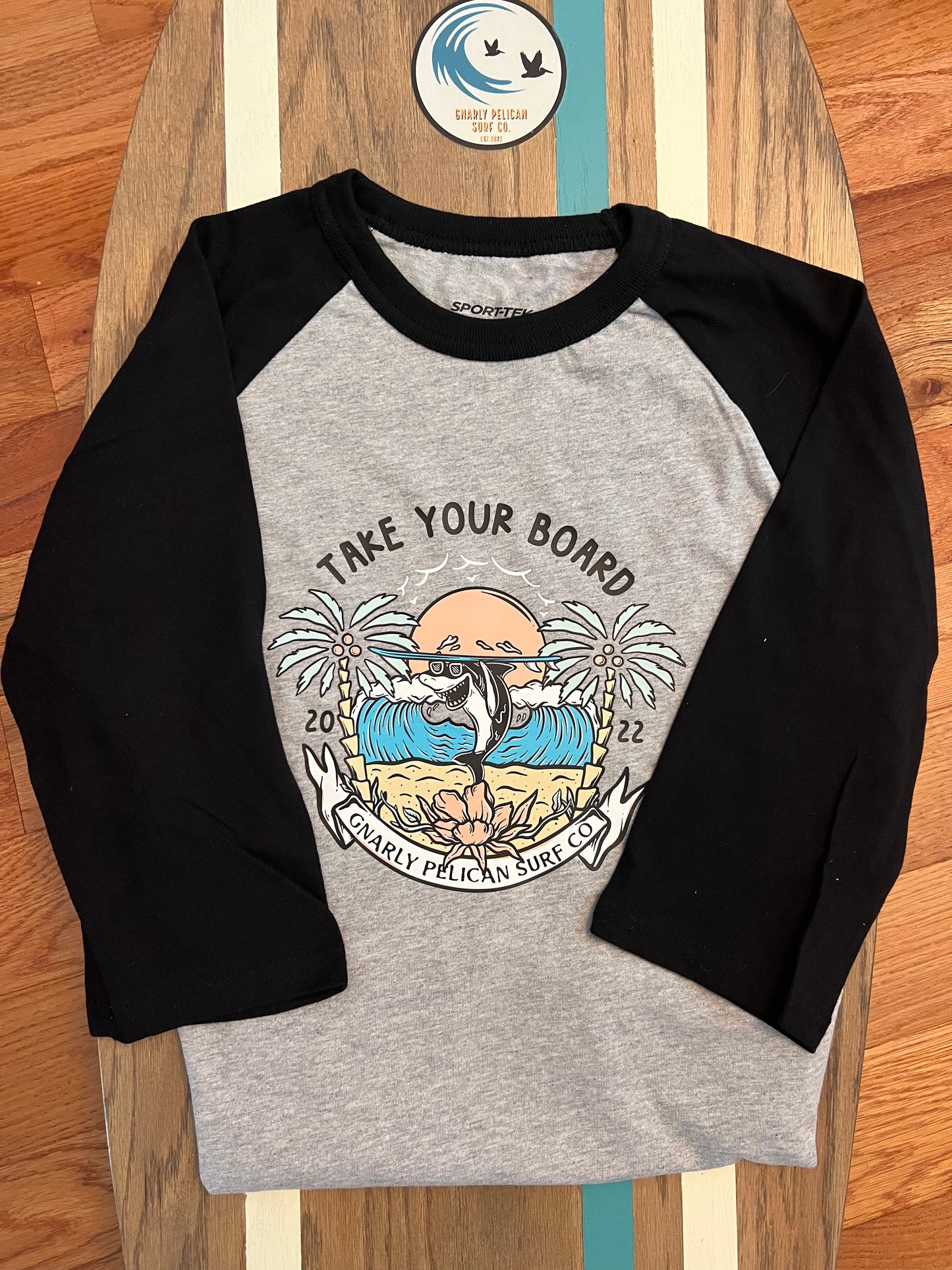 “Take your board” shark Youth Baseball Tee