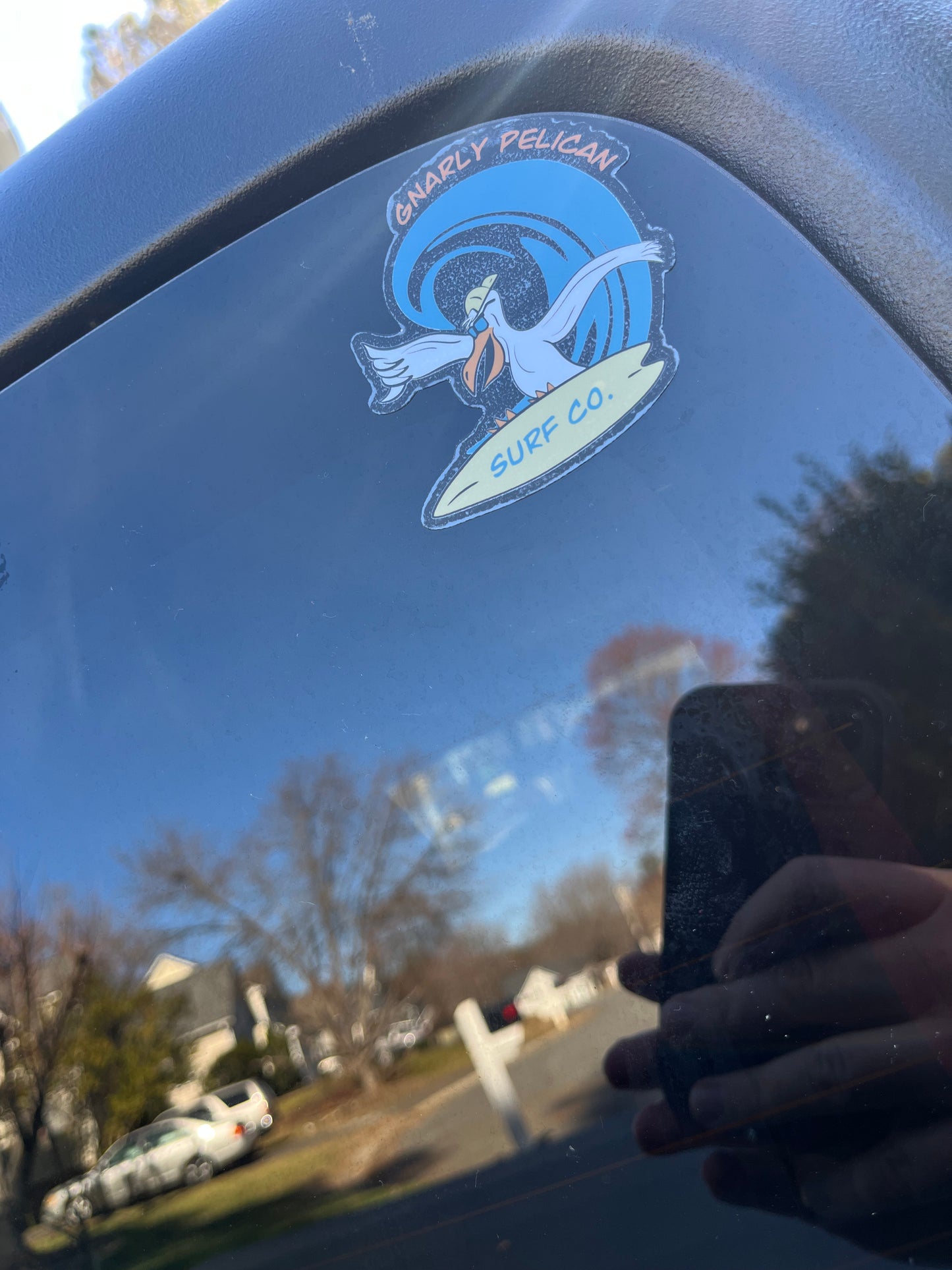 Clear Gnarly pelican surfer sticker.