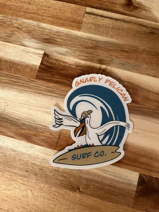 Clear Gnarly pelican surfer sticker.